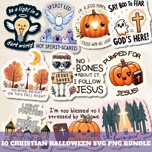 May include: A collection of 10 Christian Halloween SVG PNG stickers. Designs include a lightbulb with wings, a dove, a smiling pumpkin, a ghost, a skeleton with sunglasses, pumpkins, a cross, and text that reads "Be a light in a dark world."