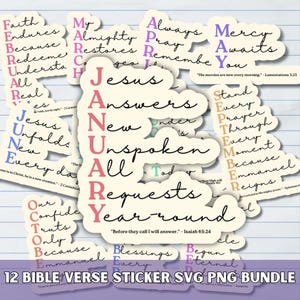May include: A collection of 12 Bible verse stickers with various inspirational quotes, each in a unique font and color. The stickers are arranged in a visually appealing layout, perfect for journaling or decorating. The text includes phrases like "Jesus Answers" and "Mercy Awaits You."