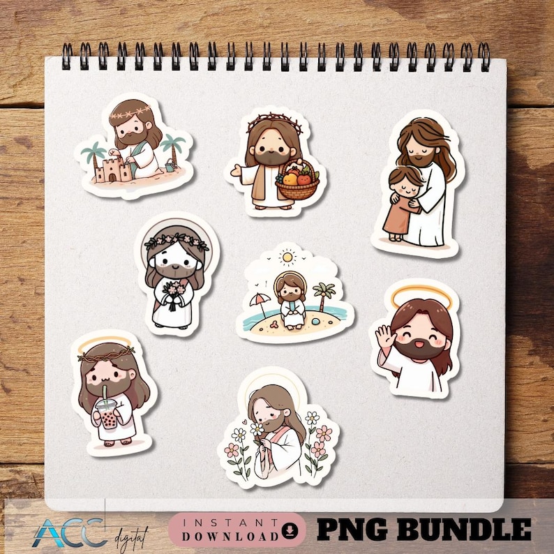 May include: A collection of seven cartoon stickers featuring Jesus in various scenes. The stickers depict Jesus with a halo, holding a child, building, carrying a basket of fruit, and more. The stickers are on a white spiral notebook.