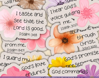 May include: A collection of ten printable stickers featuring floral designs and Bible verses. The stickers include phrases like "I taste and see that the Lord is good" and "God's love endures." The stickers are in various colors, including pink, yellow, and orange.