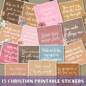 May include: Fifteen printable stickers with Christian quotes and verses. The stickers have a vintage, distressed look with a variety of colors and floral accents.