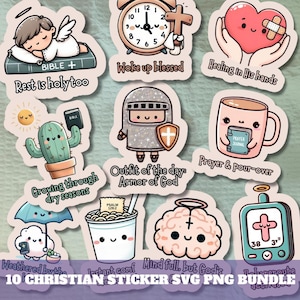 May include: A collection of 10 Christian-themed stickers with various designs. The stickers feature illustrations of an angel, a cactus, a knight, a heart, a coffee mug, and other religious symbols. Each sticker has a unique phrase.