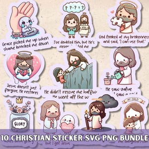 May include: A set of 10 Christian stickers featuring cartoon illustrations of Jesus, hearts, and uplifting quotes. The stickers use a soft colour palette and include phrases such as "I can use that" and "He saw value".