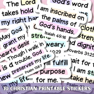 Puede incluir: Un conjunto de 10 pegatinas cristianas imprimibles con fondos coloridos y texto negro. Las pegatinas presentan versículos bíblicos y citas inspiradoras, como "El Señor toma mi mano derecha", "Que Dios conceda el deseo de mi corazón", "Aunque camine en la dificultad, Dios preserva mi vida", "Estoy inscrito en las palmas de las manos de Dios", "La palabra de Dios es fuerza", "Cumpliré mi propósito para mí", y "Espera al Señor, yo soy fuerza".