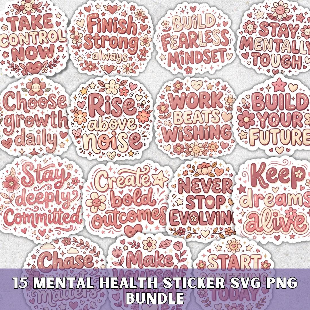 Kawaii Pink Mental Health SVG PNG Bundle, Printable Stickers for ...
