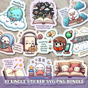 Book Lover SVG PNG Bundle, Kindle stickers, Book quotes sticker pack, Cute funny bookish Clipart, Kawaii Digital Planner & Printable design