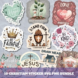 Könnte beinhalten: Eine Sammlung von zehn christlichen Aufklebern mit verschiedenen Designs und inspirierenden Zitaten. Die Aufkleber zeigen florale Elemente, Herzen, Kronen und Kreuze mit Sätzen wie "Cling to Hope" und "Be Faithful".