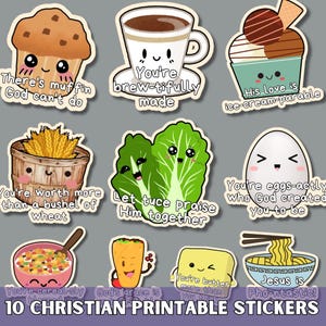 Könnte beinhalten: Eine Sammlung von 10 christlichen Aufklebern zum Ausdrucken. Die Aufkleber zeigen niedliche Illustrationen von Lebensmitteln wie einem Muffin, einer Kaffeetasse, Eis, Weizen, Salat, einem Ei, Müsli, einem Taco, Butter und Nudeln, jeweils mit einer positiven Botschaft.
