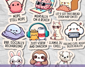 Kawaii Sarcastic Sticker SVG PNG Bundle, Funny Adult Humor Quotes, Printable Cute Cliparts for Journal, Digital Planner | Goodnotes Stickers