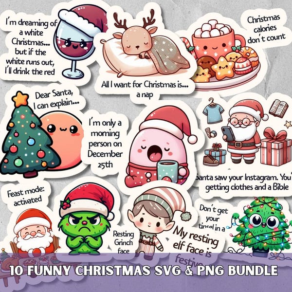 Lustige Weihnachtsaufkleber SVG PNG Bundle, Kawaii druckbare Weihnachtsurlaub Geschenkanhänger und Etikett, digitale Planer Aufkleber für Goodnotes & Journal