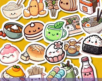 May include: A collection of 20 Japanese food-themed stickers on a yellow background. The stickers feature illustrations of sushi, ramen, tempura, mochi, and other popular dishes. The text "20 JAPANESE STICKER SVG PNG BUNDLE" is at the bottom.
