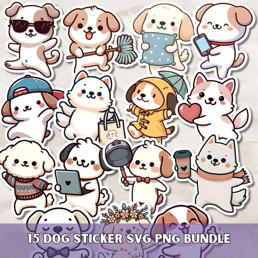 Kawaii Funny Dog Sticker Pack SVG PNG Bundle, Cute Animal Lover Clipart ...