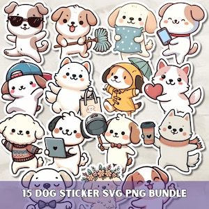May include: A collection of 15 dog stickers in various poses and outfits. The dogs are depicted in a cartoon style, with different accessories like sunglasses, a mop, a pillow, and a phone. The stickers are labeled "15 DOG STICKER SVG PNG BUNDLE."