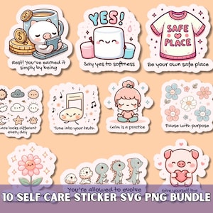 Könnte beinhalten: Eine Sammlung von zehn Aufklebern zum Thema Selbstfürsorge. Die Aufkleber zeigen niedliche Illustrationen eines Schweins mit einer Kaffeetasse, eines Marshmallows, eines T-Shirts mit einem Herz und andere skurrile Designs. Jeder Aufkleber hat eine einzigartige Botschaft.