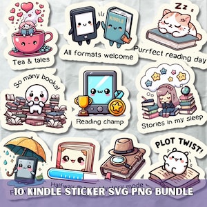 May include: A collection of 10 Kindle-themed stickers with cute illustrations. Designs include a cat sleeping on a book, a person in a teacup, and a Kindle with an umbrella. Text includes "Tea & tales", "All formats welcome", and "Plot Twist!"