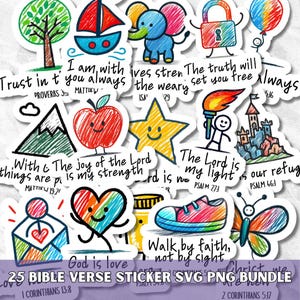 Puede incluir: Un conjunto de 25 pegatinas de versículos bíblicos con ilustraciones coloridas de un árbol, un barco, un elefante, un candado, un globo, una nube, una montaña, una manzana, una estrella, una antorcha, un castillo, un sobre, un corazón, un zapato y una mariposa.