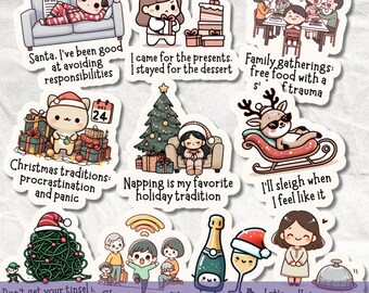 Grappige kerststickers in PNG-formaat, kerstcitaten als clipart, sarcastische kersthumor, herkenbare stickerbundel voor planner en dagboek.