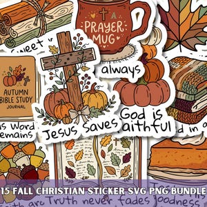 May include: A collection of autumn-themed Christian stickers featuring illustrations of a wooden cross with pumpkins, a prayer mug, an open Bible with autumn leaves, a stack of books, a slice of pumpkin pie, and acorns with text like Jesus Saves.
