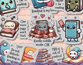 Book Lover Sticker SVG PNG Bundle, Kindle Stickers pack, Kawaii Journal Printable Decal, Gift for Readers, Digital download, Print and cut