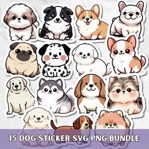 Peut inclure: Ensemble de 15 autocollants de chiens de races variées, comme un Bouledogue français, un Husky et un Corgi. Chaque autocollant présente une illustration de style dessin animé avec un contour blanc. Le texte "15 DOG STICKER SVG PNG BUNDLE" est en bas.