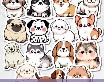 Cute Dog Stickers PNG, Dog Breed Clipart Bundle, Adorable Pet Digital Stickers, Printable Dog Lover Designs for Planner & Crafts