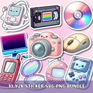 May include: A set of ten Y2K-themed stickers, including a pink digital music player, a VHS tape with a rainbow stripe, a CD, a computer monitor, a camera, a computer mouse, a flip phone, a compact mirror, a Tamagotchi, and a Gameboy. The text "10 Y2K STICKER SVG PNG BUNDLE" is at the bottom.