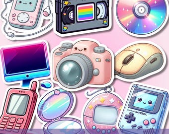 Puede incluir: Un conjunto de diez pegatinas con temática Y2K, que incluyen un reproductor de música digital rosa, una cinta VHS con una franja de arcoíris, un CD, un monitor de computadora, una cámara, un ratón de computadora, un teléfono plegable, un espejo compacto, un Tamagotchi y una Gameboy. El texto "10 Y2K STICKER SVG PNG BUNDLE" está en la parte inferior.
