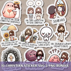 May include: A collection of ten Christian-themed stickers with illustrations of Jesus and other religious imagery. The stickers feature various designs, including Jesus with a halo, hearts, and inspirational quotes. The text "10 CHRISTIAN STICKER SVG & PNG BUNDLE" is also included.