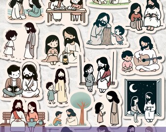 Jesus Hand drawn Style Sticker SVG PNG Bundle, Christian Printables for Gifts, Faith Religious Clipart for Bible, Digital Planner Stickers