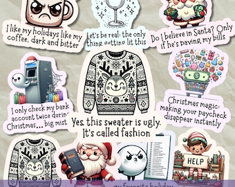 Kawaii sarcastische kerststickers in PNG-formaat, grappige kerstcitaten als clipart, leuke kersthumorontwerpen, digitale stickerbundel voor je dagboek.