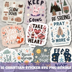 May include: A collection of ten Christian-themed stickers with various designs. The stickers feature inspirational quotes, cute illustrations of animals, and decorative elements. The color palette includes soft pastels and earth tones. The stickers are labeled with Bible verses.