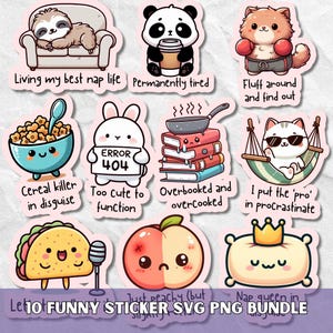 Sarkastisk rolig klistermärke SVG PNG-paket, vuxenhumor, söta utskrivbara clipart för dagbok och dekaler, kawaii digitala klistermärken för planerare
