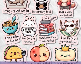 Sarcastische grappige sticker SVG PNG-bundel, humor voor volwassenen, leuke afdrukbare Cliparts voor dagboek en stickers, kawaii digitale stickers voor planners