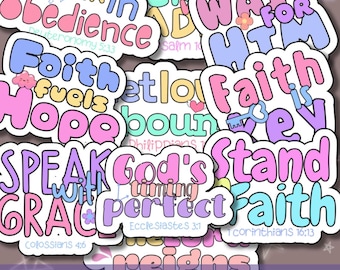 May include: Ten printable stickers with Christian quotes and bible verses. The stickers are in pastel colors with pink, blue, yellow, and white. The stickers feature quotes like "Walk in Obedience", "Faith Fuels Hope", "God's Timing is Perfect", and "Stand Firm in Faith".