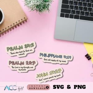 May include: Four colorful digital stickers with bible verses. The stickers feature the verses "Psalm 34:5 Those who look to God are radiant", "Psalm 28:7 The Lord is my strength and my shield", "Philippians 4:19 God will supply all my needs", and "John 14:27 God's peace guards my heart".