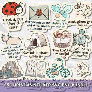 Può includere: Una collezione di 25 adesivi a tema cristiano con varie illustrazioni e versetti biblici. I disegni includono una coccinella, una farfalla, una tartaruga e un libro aperto. Gli adesivi sono in una varietà di colori e stili, con il testo "25 CHRISTIAN STICKER SVG PNG BUNDLE".