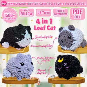 4 in 1 Crochet Pattern Amigurumi, Cute Loaf Cat Plushies, Cat crochet pattern, Amigurumi Crochet Cat, Cat Plushie Crochet Pattern Bundle