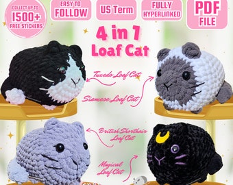 4 in 1 Crochet Pattern Amigurumi, Cute Loaf Cat Plushies, Cat crochet pattern, Amigurumi Crochet Cat, Cat Plushie Crochet Pattern Bundle