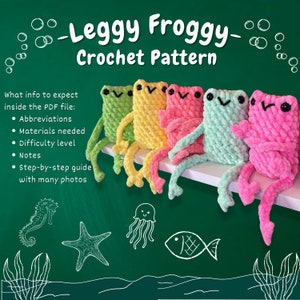 May include: A crochet pattern for making a colorful, multi-legged froggy toy. The pattern includes instructions for abbreviations, materials needed, difficulty level, notes, and a step-by-step guide with photos.