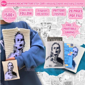 May include: Three crochet book covers featuring a pixelated portrait of a person. The covers are white with gray and blue details. The text on the image reads "KAWAIICROCHETPATTERN.ETSY.COM I Infusing Charm into Every Crochet", "EASY TO FOLLOW", "English (US terms)", "PATTERN TESTED", "28 PAGES PDF FILE", "FREE 3 PRINTABLE GRAPHS", "A LITTLE", "ALLY ONEY TIFUL RLD, ERE YOU", and "KAWAICROCHETPATTERNLETSY.COM".