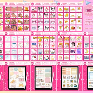 May include: A collection of 10 free digital sticker bundles featuring various cartoon characters, including Hello Kitty, Sailor Moon, and other popular anime characters. Each bundle includes 64 to 71 individual stickers with transparent backgrounds. The text "Collect up to 1500+ Free Stickers" is displayed at the top of the image.