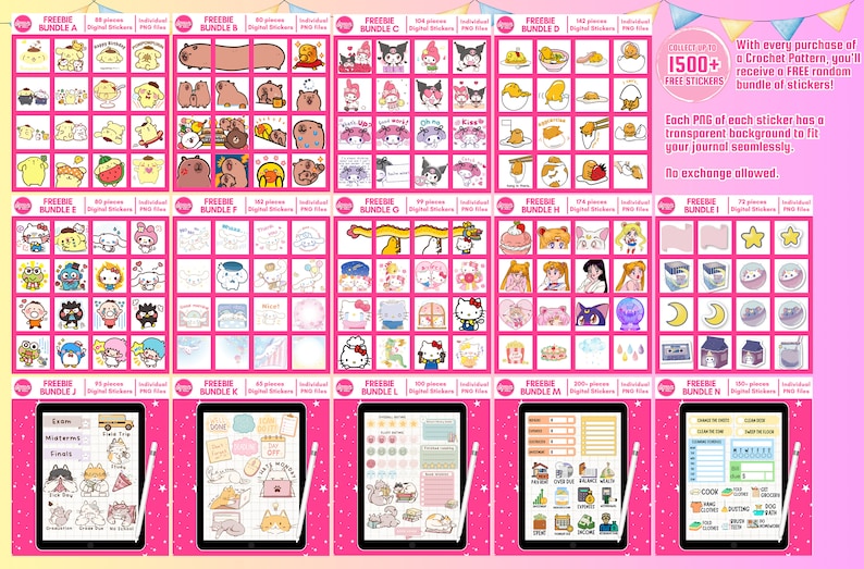 May include: A collection of 10 free digital sticker bundles featuring various cartoon characters, including Hello Kitty, Sailor Moon, and other popular anime characters. Each bundle includes 64 to 71 individual stickers with transparent backgrounds. The text "Collect up to 1500+ Free Stickers" is displayed at the top of the image.