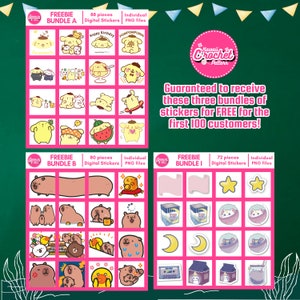 May include: Three pink and white digital sticker bundles with a green chalkboard background. The bundles are labeled "Freebie Bundle A", "Freebie Bundle B", and "Freebie Bundle I". Each bundle contains a grid of colorful cartoon stickers. The text "Guaranteed to receive these three bundles of stickers for FREE for the first 100 customers!" is written in black text on the chalkboard.