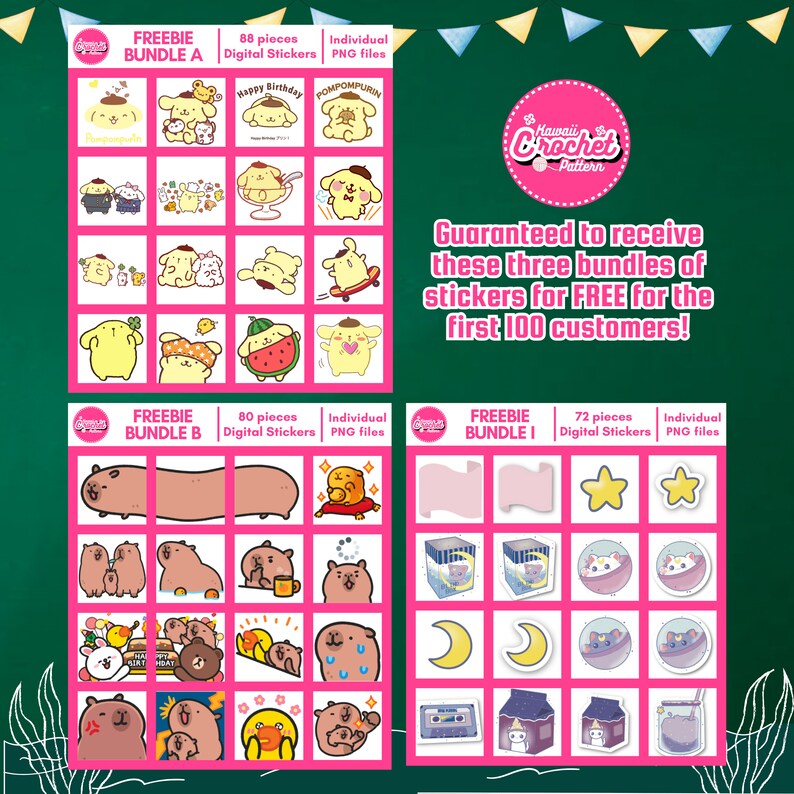May include: Three pink and white digital sticker bundles with a green chalkboard background. The bundles are labeled "Freebie Bundle A", "Freebie Bundle B", and "Freebie Bundle I". Each bundle contains a grid of colorful cartoon stickers. The text "Guaranteed to receive these three bundles of stickers for FREE for the first 100 customers!" is written in black text on the chalkboard.