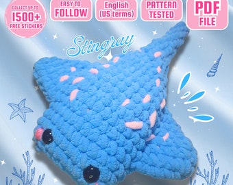 May include: A crochet pattern for a blue and pink stingray amigurumi. The pattern is available as a PDF file and includes over 1500 free stickers. The pattern is written in English (US terms) and is pattern tested.