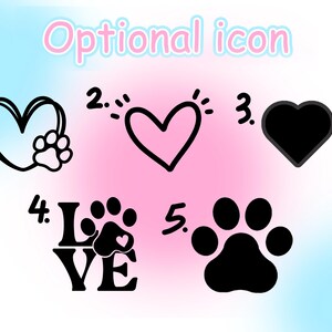 May include: Five black and white icons on a pink and blue background. The icons are numbered 1 through 5. Icon 1 is a heart with a paw print inside. Icon 2 is a heart with a wavy line around it. Icon 3 is a solid heart. Icon 4 is the word "LOVE" with a paw print in the middle of the "O". Icon 5 is a paw print.