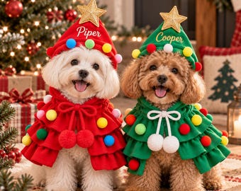 Personalized Christmas Dog Cape, Custom Embroidered Pet Name Costume, Christmas Tree Dog Outfit, Holiday Pet Costume, Red Green Dog Cape