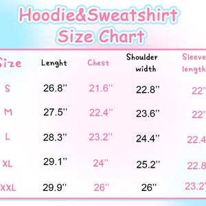 May include: Hoodie and sweatshirt size chart with measurements in inches for sizes S, M, L, XL, and XXL. The chart shows the length, chest, shoulder width, and sleeve length for each size.