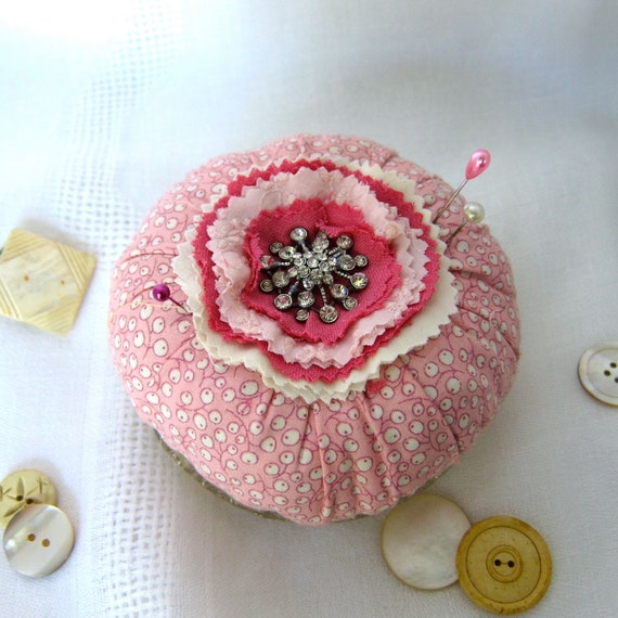 Items similar to Large PINCUSHION Print Cotton with Rhinestone Accent