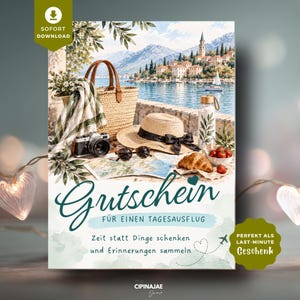 Könnte beinhalten: Ein Gutschein mit einer Reise-Illustration, die einen Strohhut, eine Kamera, eine Sonnenbrille, eine Korbtasche und ein Croissant zeigt. Der Text lautet Gutschein für einen Tagesausflug, Zeit statt Dinge schenken und Erinnerungen sammeln, Sofort Download und Perfekt als Last-Minute Geschenk.